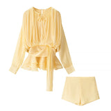 Fongt Folding Ribbon Design Loose Waist Mini Dress Shorts Set 2025 Spring And Summer Street Fashion Woman