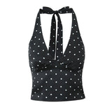 Satin Black Polka Dot Bow Halter Tank Top And MIDI Skirt Set-Outfit