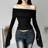 Fongt Summer Women's Solid Color Slim Fashion Temperament A Word Collar Sexy Back Long-Sleeved T-Shirt-Outfit