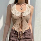 Fongt Ancient Lace Lace Stitching With Open Back Strap Vest 2023 New Tribal Style Design Top-Outfit