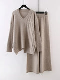 Winter Knitted Women's Tracksuit Casual Wide Leg Long Pants V-Neck Sweater Thick Warm Two Piece Sets Womens Outifits New-Outfit
