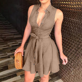 Fongt New Up And Down Collar Vest Solid Color Belt Mid-Swaist