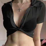 Fongt Sexy Thin Spring Perspective Open Fork Design T-Shirt Hottie Short External Mesh Sunscreen Shirt