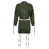 Fongt Functional Wind Straps Solid Color Overalls Ribbon Baseball Jacket Coat Low Purse Hip Skirt Fashion Suit-Outfit