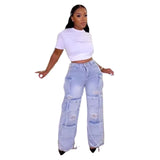 Fongt Hot Women's New Retro Casual Hole-Breaking Workwear Wide-Legged Multi-Bag