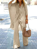 Women Pants Sets ZANZEA Summer V Neck 3/4 Sleeve Asymmetrical Blouse Suits Two Piece Sets Solid Trouser Suits