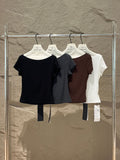 Fongt Xixi 2025 Autumn Black Standard Temperament Boat Collar Body-Bottomed Knitted Short-Sleeved T-Shirt For Women 89525