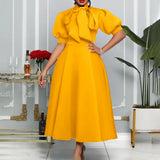 Fongt Large-Size Women's Summer New Bow Bow Pure Color Banquet Dress Skirt Short-Sleeved Dress