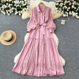 Fongt Elegant Dress Women Autumn Fasting Small High-Grade Lace Splicing Single Buckle Waist Over Knee Dress