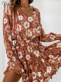 Women Boho Floral Print Mini Vintage Dress Elegant 2022 Spring Long Sleeve Elastic Wasit A-line Day Party