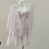 Fongt New Mesh Yarn Flower Sweet Embroidered Pyjamas With Chest Cushions Dyed Skinny Pyjamas Dress