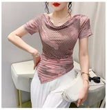 Printed Mesh Tee Shirt Female Slash Neck Short Sleeve Irregular T Shirts Women Summer T-shirt Top-Outfit
