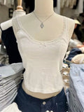 Women Fashion Soft Cotton White Bow Ornament Tanks 2023 Summer Vintage O Neck Lace Edge Sleeveless Female Chic Tops-Outfit
