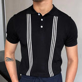 Fongt Men's Summer Striped Casual T-Shirt Black Short Sleeves POLO Shirt