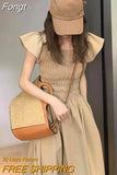 Sweet Slim High Waist Smocked Women Midi Dress Big Hem Square Neck Lady