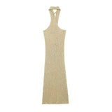 Beige Draped Halter Neck Knit Midi Dress-Outfit