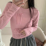 Young Girl Style Bow Tie Tie Stitched Knitted Blouse 2024 Round Collar Pit Strip Slim Solid Color T-Shirt-Outfit