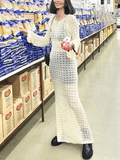 Crochet Hollow Backless Long Sleeve Cover Up Maxi Dress-Outfit