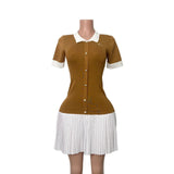 Fongt Wind Bumping Collar Short Sleeves Covert Thin 100 Folded Knitted Dress