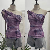 Net Yarn Printed Slanted Shoulder Sling Vest Retro Design Folding Temperament Short Blouse