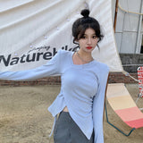 Slim Tees Women Long Sleeve T-shirts Asymmetrical Collar Design Tops Korean Style Solid Skinny Chic Teens Clothes-Outfit