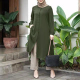 ZANZEA Women Full Sleeved Muslim Blouse Islamic Clothing Fashion Buttons Down Solid Long Blouse Tops Kaftan Casual Solid Blusas 703-0-Outfit