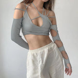 Fongt Summer Women's Solid Color Sling Hanging Neck Exposed Navel Dew Back Sleeve Women's Jacket-Outfit