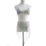 Big Gems Hollow Out Two Piece Set Women Halter Crop Top Long Tassels Mini Skirts 2 Pcs Matching Sets Rave Festival
