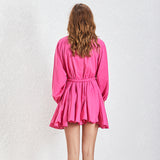 2022 Summer A Line Women's Dress O Neck Long Sleeve High Waist Sashes Slim Rose Color Mini Dresses Female