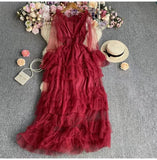 Fongt High-End Feel Leaf Edge Mesh Cake Dress Women's Waist Thin Temperament A Word Shoulder Super Fairy Long Skirt