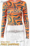 Printed O Neck Slim T-Shirts Women Long Sleeve Cropped Tee Shirts 2023 Spring Fall Harajuku Lolita Y2K