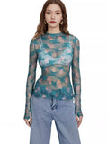 New Women's Lace Top Mesh Multi-Colored Bottom Shirt Sexy Hot Girl Trend