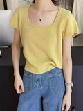 Version Gentle Style Knitted Sweater Women's New Style 2024 Spring And Summer 100 Small Square Collar With Short Sweater Bottomed And Short Sleeves-Outfit
