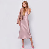 Elegant Satin Spaghetti Stap Dress 2020 New Fashion Sexy V-neck Backless Party Dress Ladies Solid Basic Mid Dress