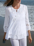 Summer Lace Crochet Blouse Women Elegant 3/4 Sleeve Patchwork Shirt Casual Hollow Out Tops Solid Loose Work Blusas