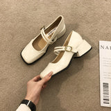 Retro Temperament Square Head Thick With Mary Jane Shoes Small Leather Shoes Female A Word Button Evening Evening Match Skirt Commuting Single Shoes-Outfit