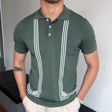 Fongt Men's Green Striped Short-Sleeved Polo Shirt Knitted Shirt Men