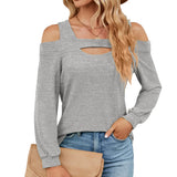 2023 New U Collar Off-Shoulder Splice Long Sleeve Loose T-Shirt Top Women-Outfit