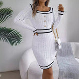 Shooting 2025 Autumn And Winter Elegant Square Neck Button Long-Sleeved Sweater Buns Hip Skirt Women's