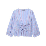 Fongt New Female Decoration Bows Striped V Collar Short Shirt Casual Trousers Set