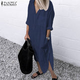 2022 Women Lapel Long Sleeve Autumn Shirt Dress Cotton Split Dresses Elegant Solid Work Office Vestidos Female Tunic