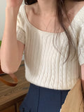 Fongt Summer New Temperament Square Collar Collar Collar Collar Collared Collared Collared Pure Color Thin Jasmine Knitted Women's Top