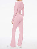 Long Sleeve Cropped Top Fold-over Flare Pants Set-Outfit