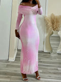 Pink Rhinestone Off-shoulder Maxi Dress-Outfit