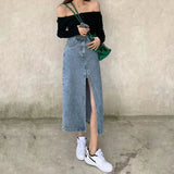 Fongt 2024 New Vintage High-Waisted Denim Skirt Female Medium Long A-Line Hip Fishtail Skirt-Outfit