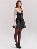 Black Lace Flare Long Sleeve Mini Dress-Outfit