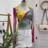 Women Twisted V Neck Long Sleeve T-shirts Tops Girls Stretchy Tie-dyed Mesh Sheath Tee Shirts For Female-Outfit
