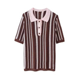 Fongt New Striped Collar Short Sleeve Loose Blouse High-Waist Three-Point Shorts Knitwear Two-Piece Set