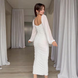 Fongt 2025 New Women's Folds Solid Color Waist Temperament Fashion Dress Women