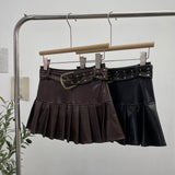 Real Shooting Merard High-Rise Thin Pu Skin 100 Folded Dress Small Babes A Short Skirt With Belt